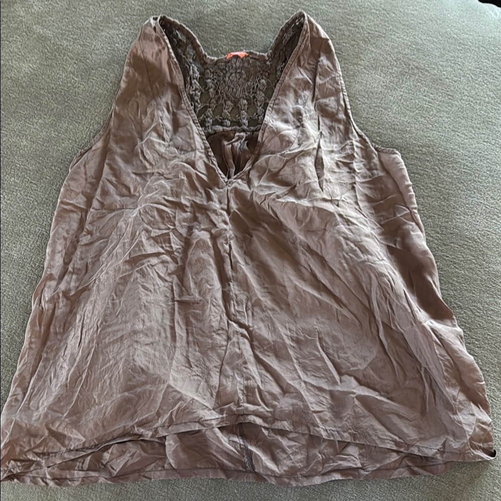 Chan Luu Elegant silk taupe Brown crochet back Women's Top